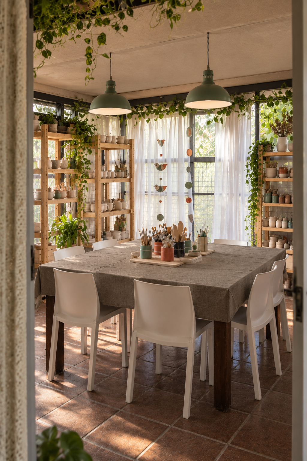 Interior de un taller cerámico con mesa de trabajo, herramientas y plantas