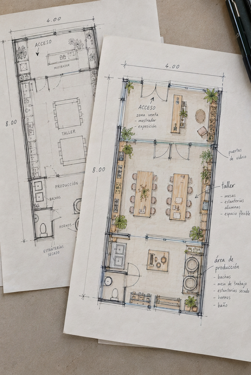 Croquis de arquitectura de un taller cerámico, con dos plantas dibujadas a mano